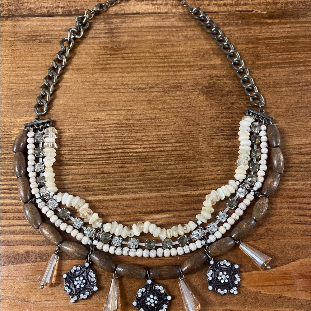 Cream and Brown Multi-Layered Necklace with Pendant Accents